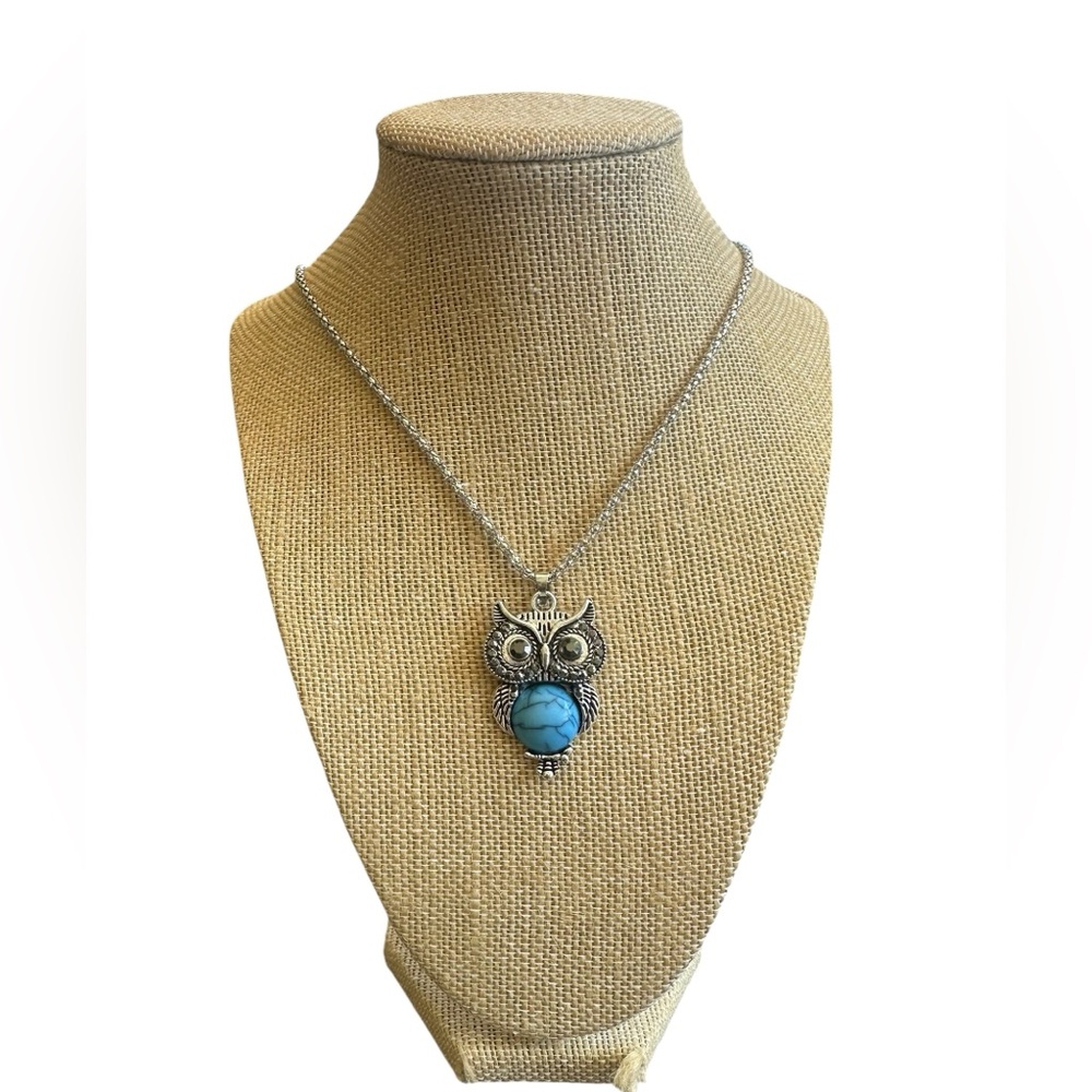 Boho Turquoise Owl Pendant Thick Chain Necklace